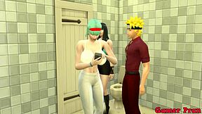 Naruto, Hinata and Sakura want your cum inside! Threesome in bathroom.