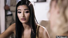 Two petite babes Emily Willis and Naomi Swann devour huge cock