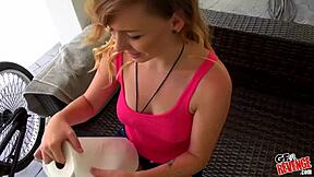 girlfriend and guy have intimate moment on porch