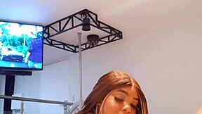 Petite teen 18+ stepsister masturbates and gags while choking on cock, receiving a homemade creampie