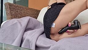 Hot girl bends over for pussy masturbation in doggystyle.