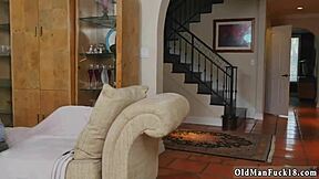 Old pervert fucks young teen in shower! Molly earns it with cumshot!