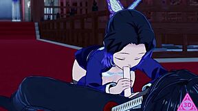 In this hentai, Kocho Shinobu gives Tomioka Giyu a sloppy blowjob and handjob outdoors.