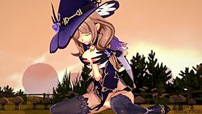 In genshin impact, asian milf lisa performs blowjob and titjob leading to cumshot in 3d hentai