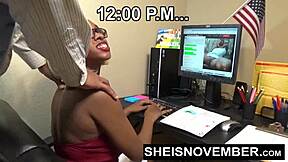 Cute ebony babe fucks white boss in pov blowjob doggystyle interracial sex.