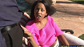 Young ebony babe with tattoo bent over for stepdad's guidance