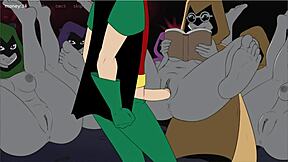 In 18Titans episode 30, the hero enjoys sex with a harem of ravens in anime style.