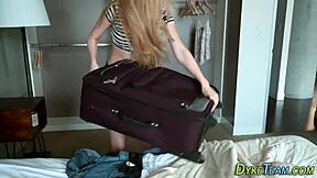 blonde lesbo teen rides strapon with oral