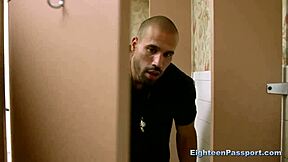 Muscled guy smashes two hot teens in garage blowjob