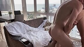 Behind the scenes at Legalporno, a newbie petite girl gets double penetration in a funny group bang