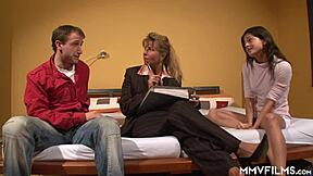 European couple fucking in threesome with a mature woman - what a monster cock handjob group!