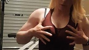 Gym girl rips clothes in blonde milf striptease! 💪😉