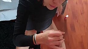 this whore gives me a handjob and licks my cock till i cum on her hare