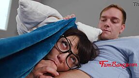 Nerdy teen 18+ hones blowjob skills on cock in threesome with father-in-law and group, caught in the act