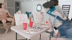 sexy painters jumping on nude models' hard cocks in suggestive foursome pov.