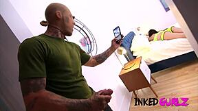 Hey, watch this inked brunette get pounded by a thief!