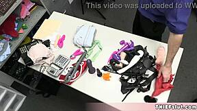 hey, petite brunette thief indica flower got caught hiding sextoys and now she's getting fucked rough