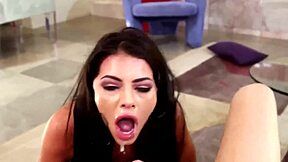 Young brunette attempts extreme deepthroat with big cock