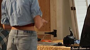 Beautiful teen rides her stepdad's big cock in cowgirl fantasy.