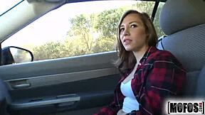 Hayden Hennessy, a stranded teen with natural tits, engages in hardcore action with a milf leading to a cumshot.