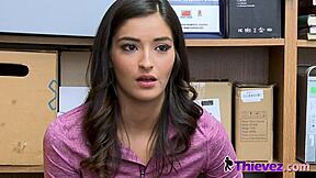 in the office, horny officer makes petite emily deep throat his monster cock before banging her hard