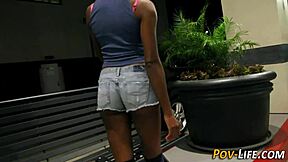 teen ebony babe takes huge cock doggystyle for facial