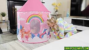 stepsister rides stepbrother's monster cock hard, cumming intensely on his shaft