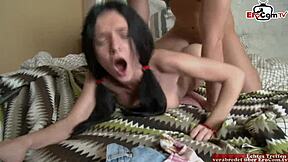 black haired girl with perfect tits enjoys big cock