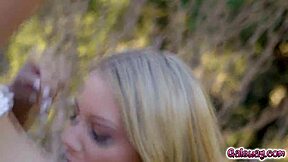 Stranded teens Candice Dare and Bella Rolland sneak off to the woods for pussy play