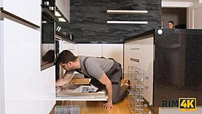 sexy client worships handyman's ass with rimjob in kitchen