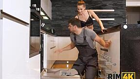 sexy client worships handyman's ass with rimjob in kitchen