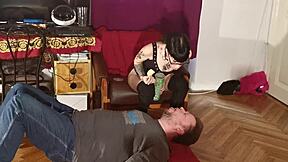 Slim Goth Domina Humiliates Slave By Feeding Him Mouth To Mouth In Fetish Scene Pt1 HD