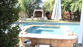 Blonde celebrity in bikini fantasy scene with rough elements