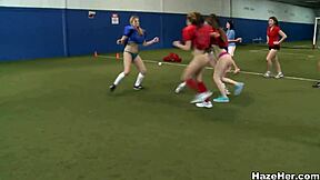Naked sorority girls play football and get hardcore fucked on the field