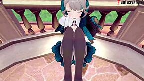 Lynette engages in an intimate point-of-view scene in the Genshin Impact premium edition.