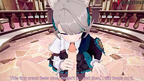 Lynette engages in an intimate point-of-view scene in the Genshin Impact premium edition.