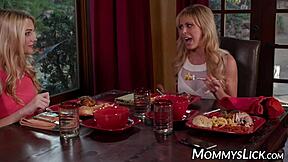 Mommy And Daughter Scissoring While Husband Eats Dinner Unaware