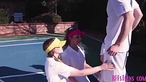 young brunette teens with small tits receive blowjobs and orgasms from tennis coach's monster cock