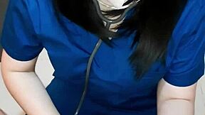 beautiful doctor with big tits collects semen in bedroom