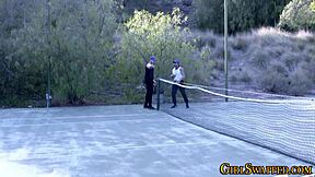 stepteen 18+ receives jizz facial in outdoor group scene