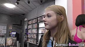 Petite Blonde Teen Gets Jizzed at Gloryhole Hard