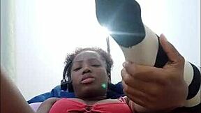 very freaky ebony brunette shakes big ass with dildo in pussy, wearing socks 😈