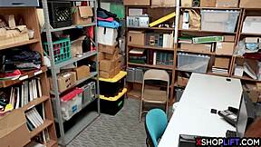 redhead busty teen shoplifts in office, refuses cooperation