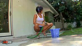 This naughty slut is stripping on a dream car for a facial