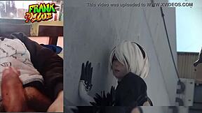 Watching Hentai Game Nier Automata with Bent Over Massage and Masturbation