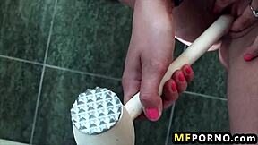 Hot blonde, masturbate with dildos! Shaved pussy in bathroom.