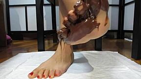 Petite Goddess' Varnished Nails Covered in Chocolate Cream in Garage POV