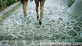 skinny teens sharing big cock in outdoor threesome 😍