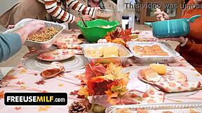 thanksgiving family fun gets rowdy with skirt and thong action in doggystyle and cowgirl play.