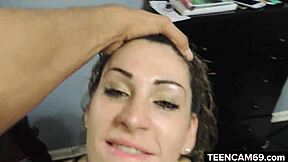 There are 3 horny teen sluts giving a BJ to a big cock